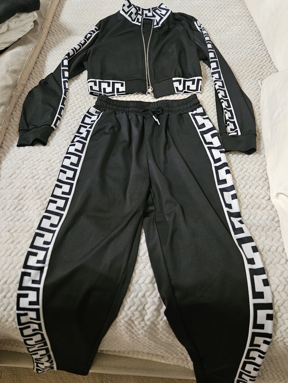 Black Graphic-Trim Track Pants & Cropped Jacket Set